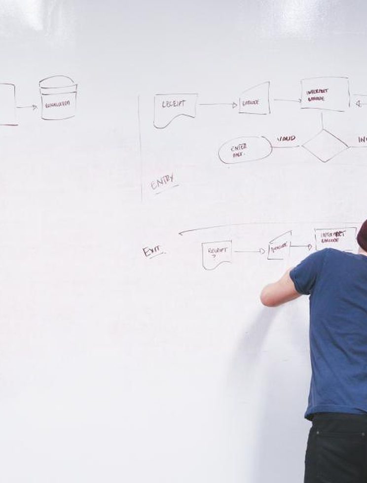 about-us-02 Person sketching a system flowchart on a whiteboard